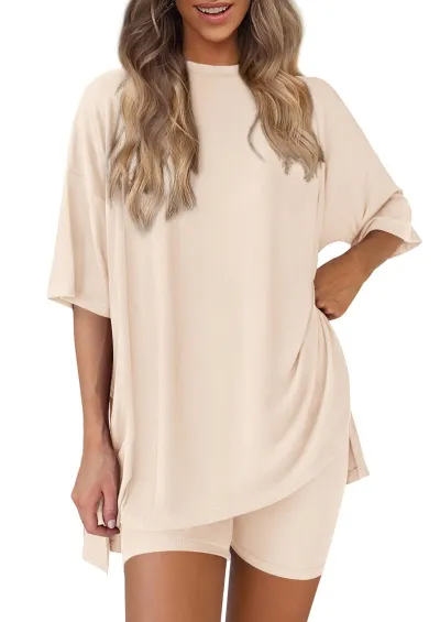 Women Fashion Casual Solid Color Loose Short-Sleeve T-Shirt Tight Shorts Two-Piece Set