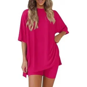Women Fashion Casual Solid Color Loose Short-Sleeve T-Shirt Tight Shorts Two-Piece Set