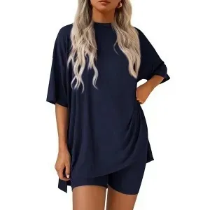 Women Fashion Casual Solid Color Loose Short-Sleeve T-Shirt Tight Shorts Two-Piece Set