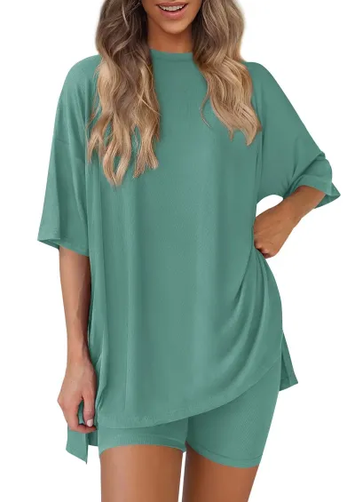 Women Fashion Casual Solid Color Loose Short-Sleeve T-Shirt Tight Shorts Two-Piece Set