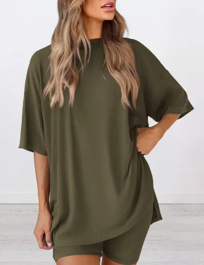Women Fashion Casual Solid Color Loose Short-Sleeve T-Shirt Tight Shorts Two-Piece Set