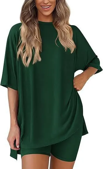 Women Fashion Casual Solid Color Loose Short-Sleeve T-Shirt Tight Shorts Two-Piece Set