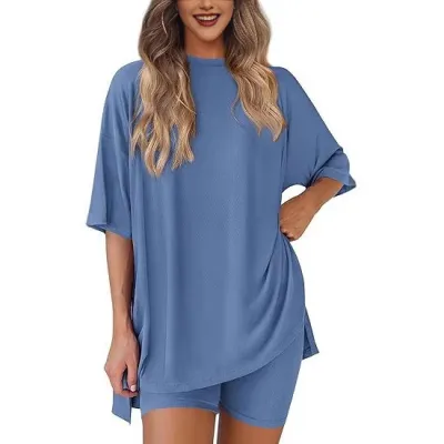 Women Fashion Casual Solid Color Loose Short-Sleeve T-Shirt Tight Shorts Two-Piece Set