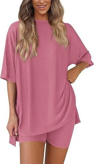 Women Fashion Casual Solid Color Loose Short-Sleeve T-Shirt Tight Shorts Two-Piece Set