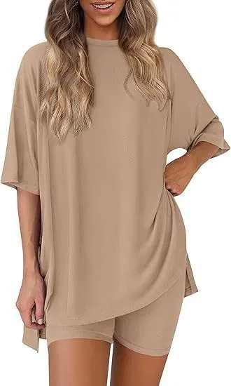 Women Fashion Casual Solid Color Loose Short-Sleeve T-Shirt Tight Shorts Two-Piece Set