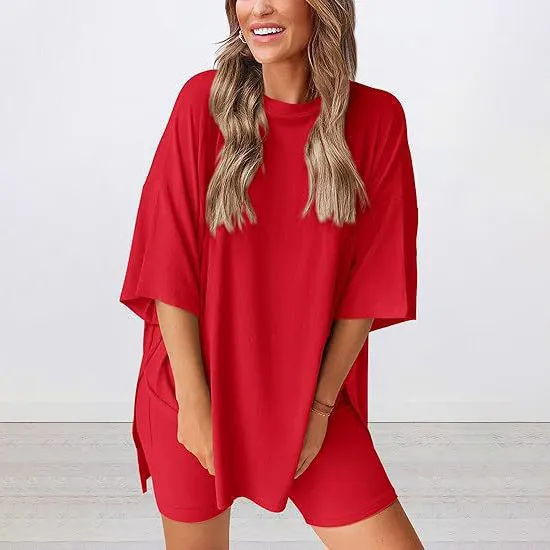 Women Fashion Casual Solid Color Loose Short-Sleeve T-Shirt Tight Shorts Two-Piece Set