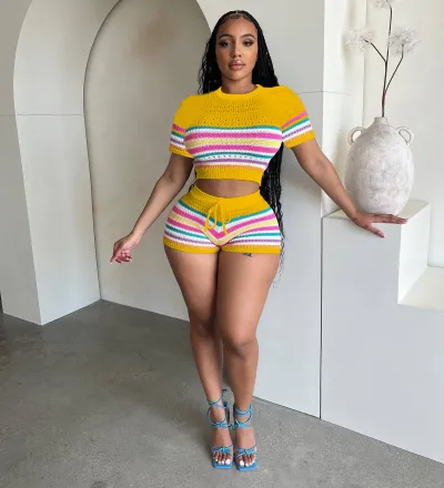 Women Fashion Sexy Color Block Knitted Crop Top Drawstring Shorts Two-Piece Set