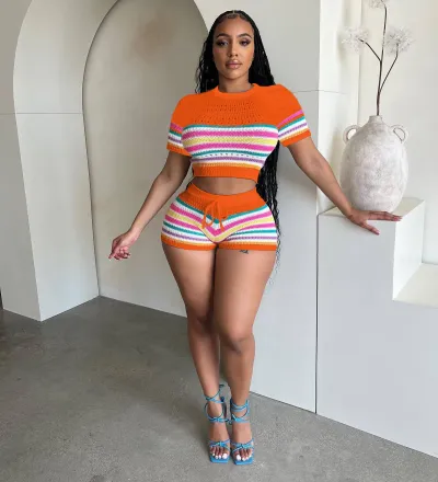 Women Fashion Sexy Color Block Knitted Crop Top Drawstring Shorts Two-Piece Set