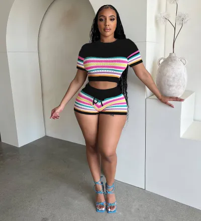 Women Fashion Sexy Color Block Knitted Crop Top Drawstring Shorts Two-Piece Set