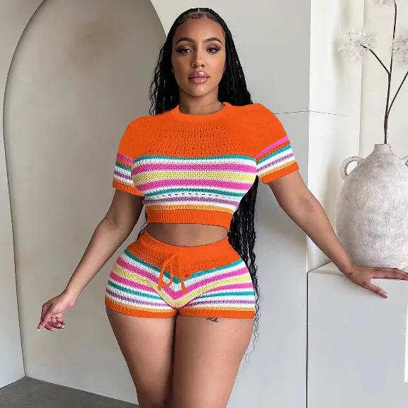 Women Fashion Sexy Color Block Knitted Crop Top Drawstring Shorts Two-Piece Set