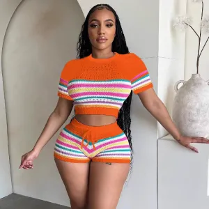 Women Fashion Sexy Color Block Knitted Crop Top Drawstring Shorts Two-Piece Set