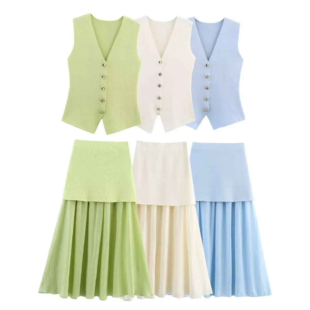 Women Fashion Elegant Solid Color Knitted V-Neck Vast Top Pleated Stitching Skirt Two-Piece Set