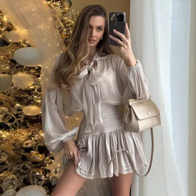Women Fashion Sexy Elegant Solid Color Long Puff Sleeve Lace-Up Blouse Pleated Skirt Two-Piece Set