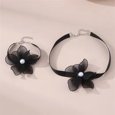 Women Fashion Elegant Solid Color Mesh Heart Necklace Bracelet Two-Piece Set