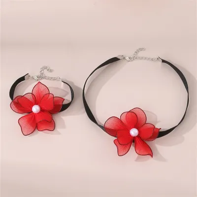 Women Fashion Elegant Solid Color Mesh Heart Necklace Bracelet Two-Piece Set