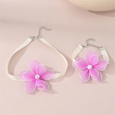 Women Fashion Elegant Solid Color Mesh Heart Necklace Bracelet Two-Piece Set