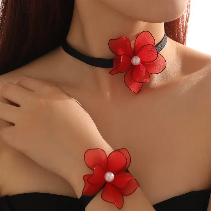 Women Fashion Elegant Solid Color Mesh Heart Necklace Bracelet Two-Piece Set