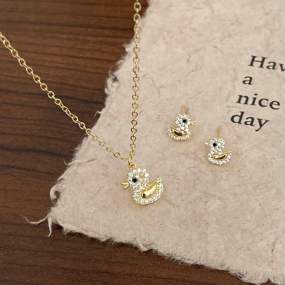 Women Fashion Cute Micro-Inlaid Zircon Little Duck Earrings Necklace Set