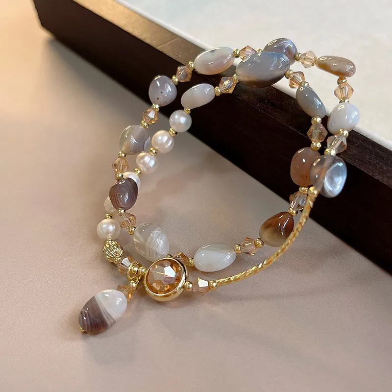 Women's Fashion Natural Stone Freshwater Pearl Double Layer Bracelet