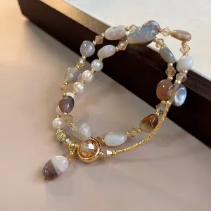 Women's Fashion Natural Stone Freshwater Pearl Double Layer Bracelet