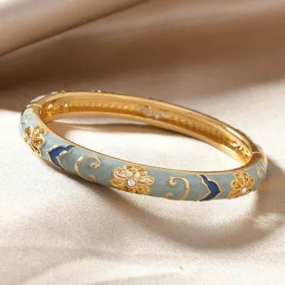 Women Vintage Cloisonne Enamel Blue White Porcelain Single Layer Bracelet