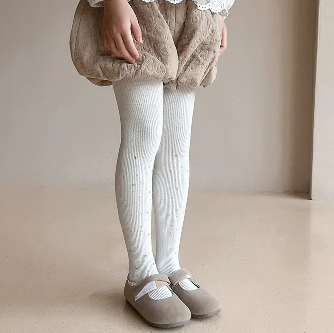 Kids Girls Solid Color Rhinestone Soft Cotton Thin Vertical Strip Socks