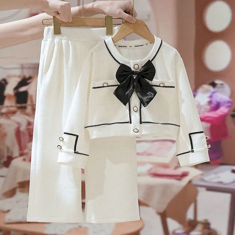 Kids Girls' Fashion Elegant Long-Sleeve Bowknot Jacket Loose Pants Two-Piece Set