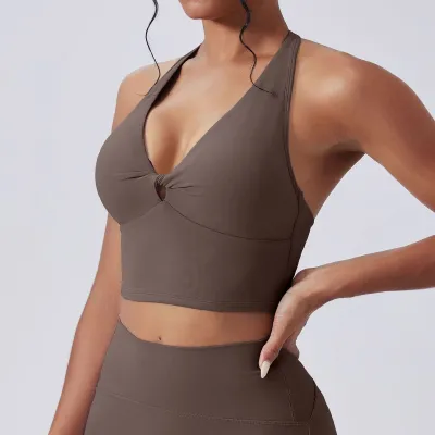 Women Sexy Solid Color Halter-Neck Knot Backless Yoga Sports Bra