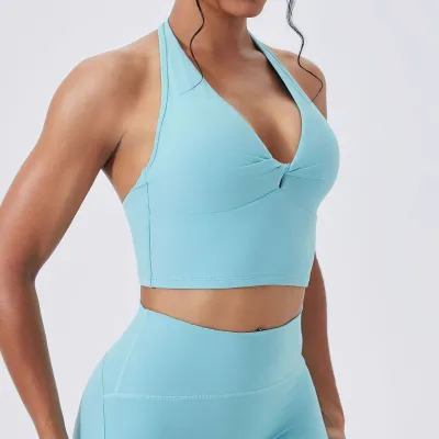 Women Sexy Solid Color Halter-Neck Knot Backless Yoga Sports Bra