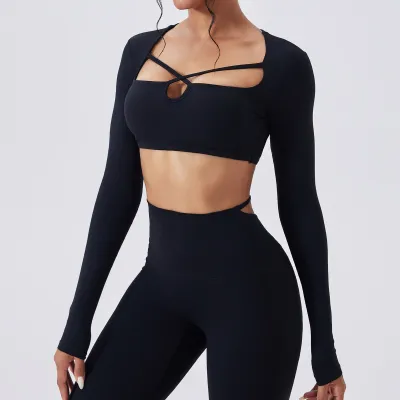 Women Sexy Solid Color Square Collar Hollow Long Sleeve Quick-Drying Yoga Sports Crop Top
