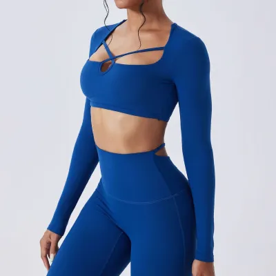 Women Sexy Solid Color Square Collar Hollow Long Sleeve Quick-Drying Yoga Sports Crop Top
