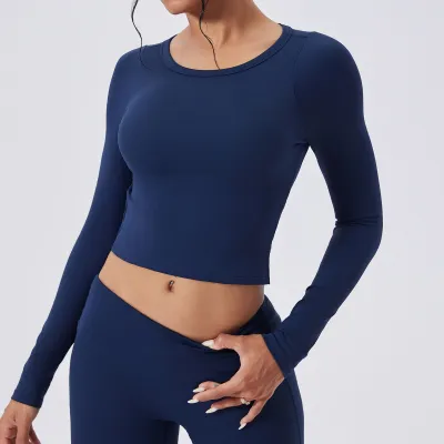 Women Casual Solid Color Long Sleeve Backless Sports T-Shirt