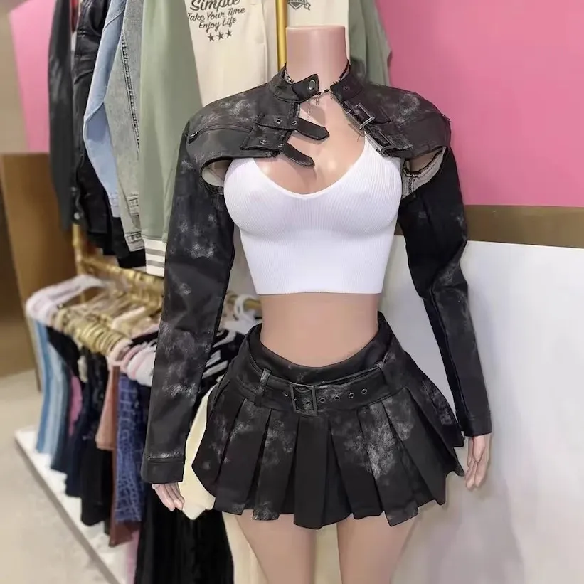 Women Fashion Sexy Gothic Leather Long-Sleeve Crop Top Jacket Pleated Skirt Two-Piece Set