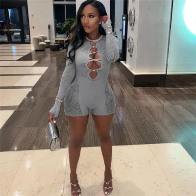 Women Fashion Sexy Perspective Hollow-Out High Waist Long Sleeve Rompers