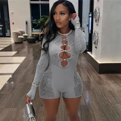 Women Fashion Sexy Perspective Hollow-Out High Waist Long Sleeve Rompers