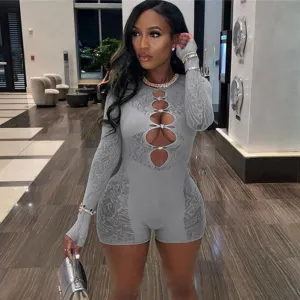 Women Fashion Sexy Perspective Hollow-Out High Waist Long Sleeve Rompers