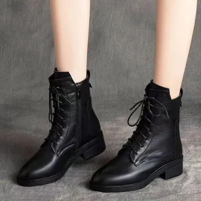 Women Fashion Simple Solid Color Pointed-Toe Lace-Up Zipper Boots