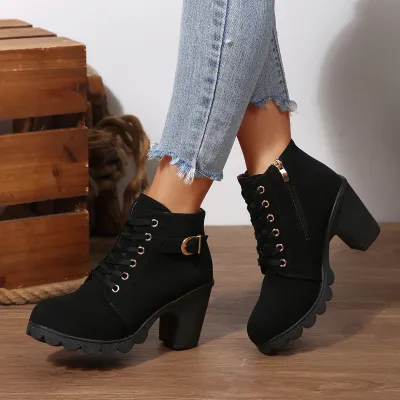 Women Fashion Casual Solid Color Leather Round -Toe Thick High Heel Lace-Up Boots