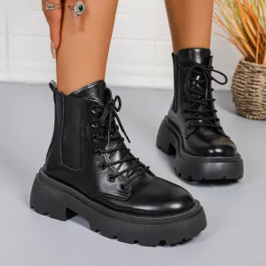 Women Fashion Solid Color Thick Heel Platform Lace-Up Ankle Boots