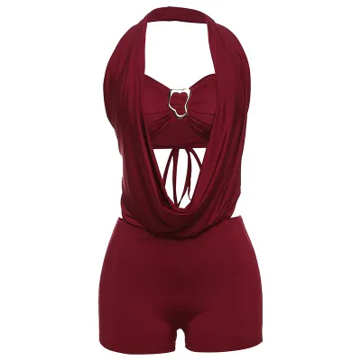 Women Fashion Sexy Solid Color Metal Buckle Tube Top Halter-Neck Backless Lace-Up Rompers Two-Piece Set