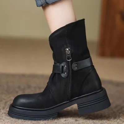 Women Fashion Casual Autumn Western Cowboy Mid-Calf Side Zipper Boots