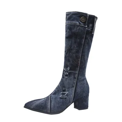 Women Fashion Casual Denim Over The Knee Pointed Toe Thick Heel Side Zipper Boots
