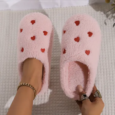 Women Fashion Winter Love Soft Bottom Non-Slip Plush Slippers Plus Size