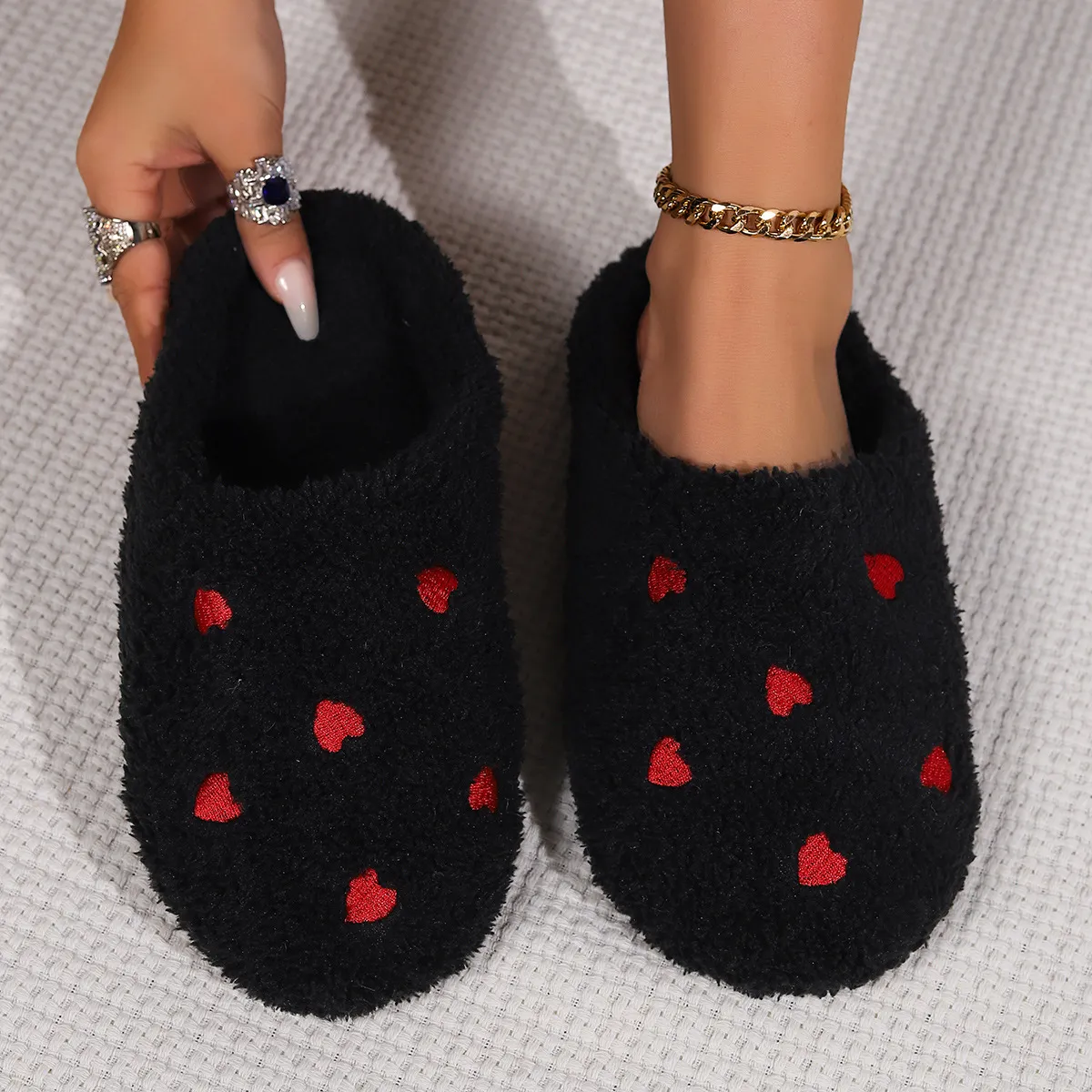 Women Fashion Winter Love Soft Bottom Non-Slip Plush Slippers Plus Size