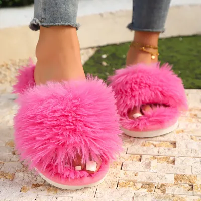 Women Fashion Casual Autumn And Winter Solid Color Non-Slip Plush Slippers