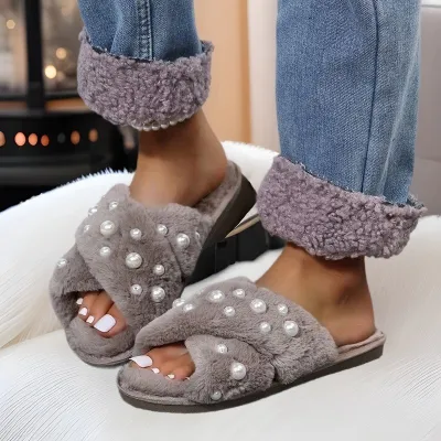 Women Fashion Casual Solid Color Pearl Decoration Flat Plush Slippers