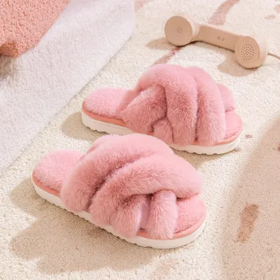 Women's Cross Strap Plush Slippers for Autumn Winter
