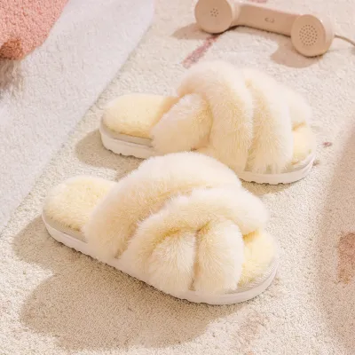 Women's Cross Strap Plush Slippers for Autumn Winter