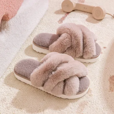 Women's Cross Strap Plush Slippers for Autumn Winter
