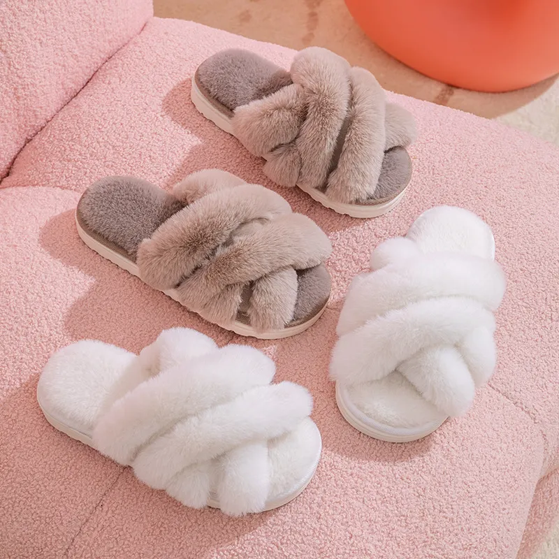 Women's Cross Strap Plush Slippers for Autumn Winter